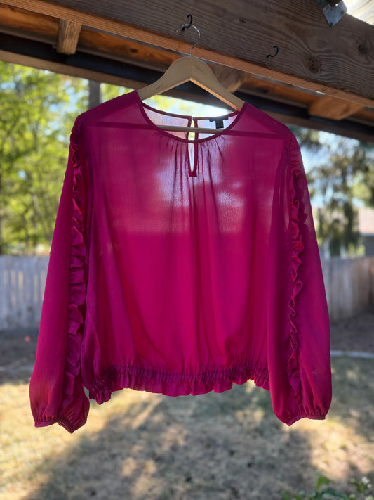 Ann Taylor Petite Raspberry Sheer Ruffle Blouse