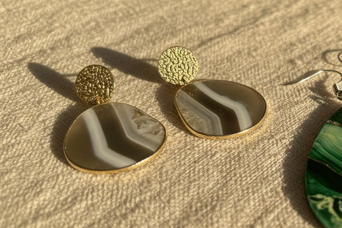 Banded Agate Slice Drop Earrings in Grey & Cream