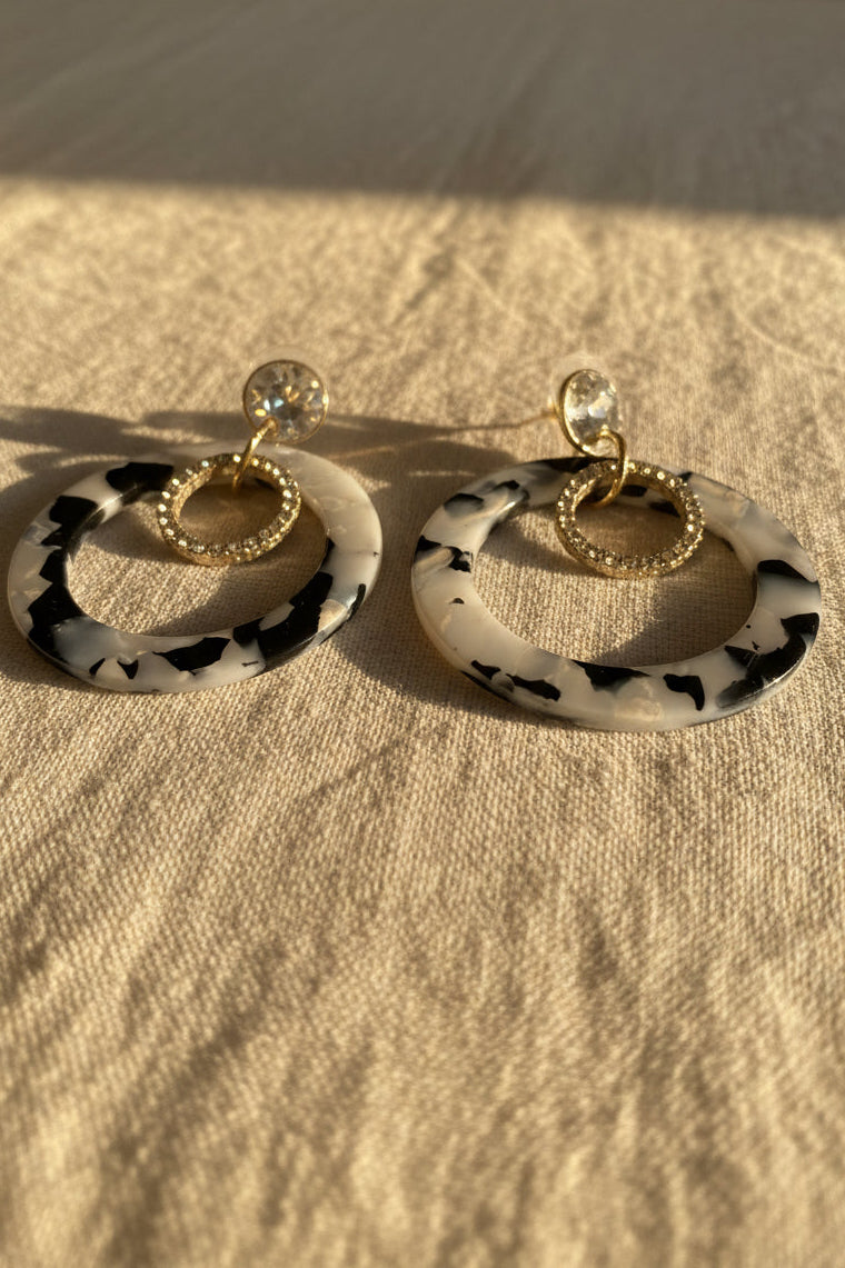 Black & White Marbled Acrylic Pavé Double Hoop Earrings