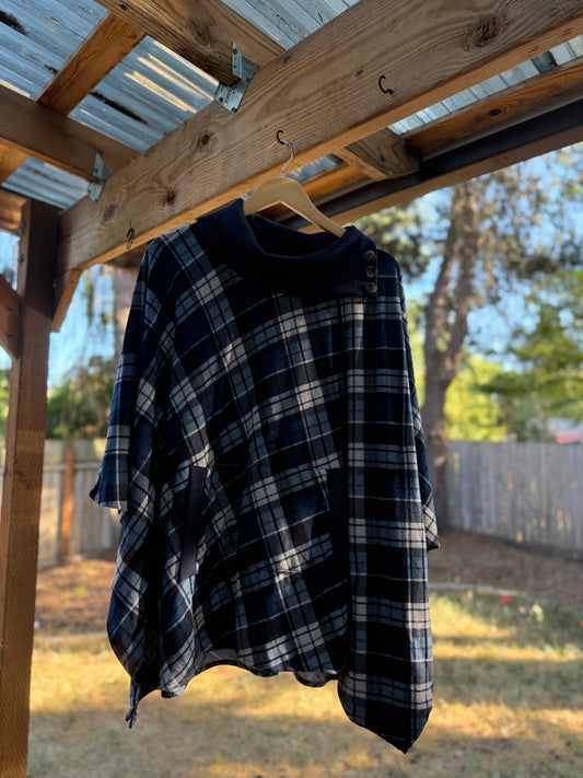 Fervour Navy Plaid Button Poncho