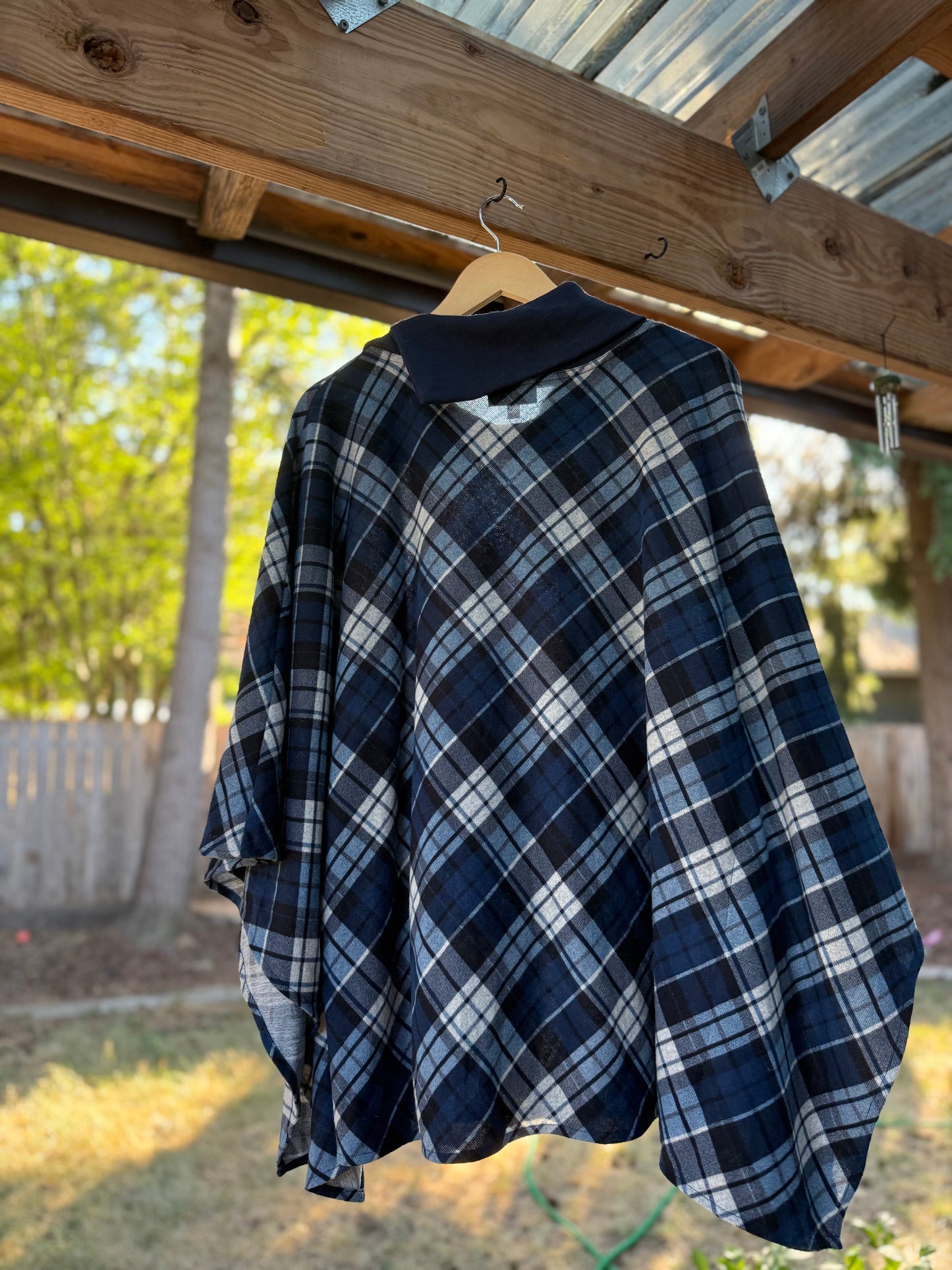 Fervour Navy Plaid Button Poncho