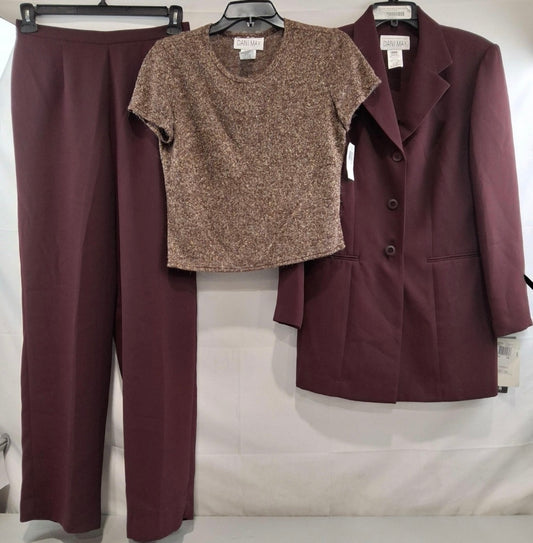 Dani Max Wine 3-Piece Suit Set — Blazer, Trouser & Lurex Knit Shell