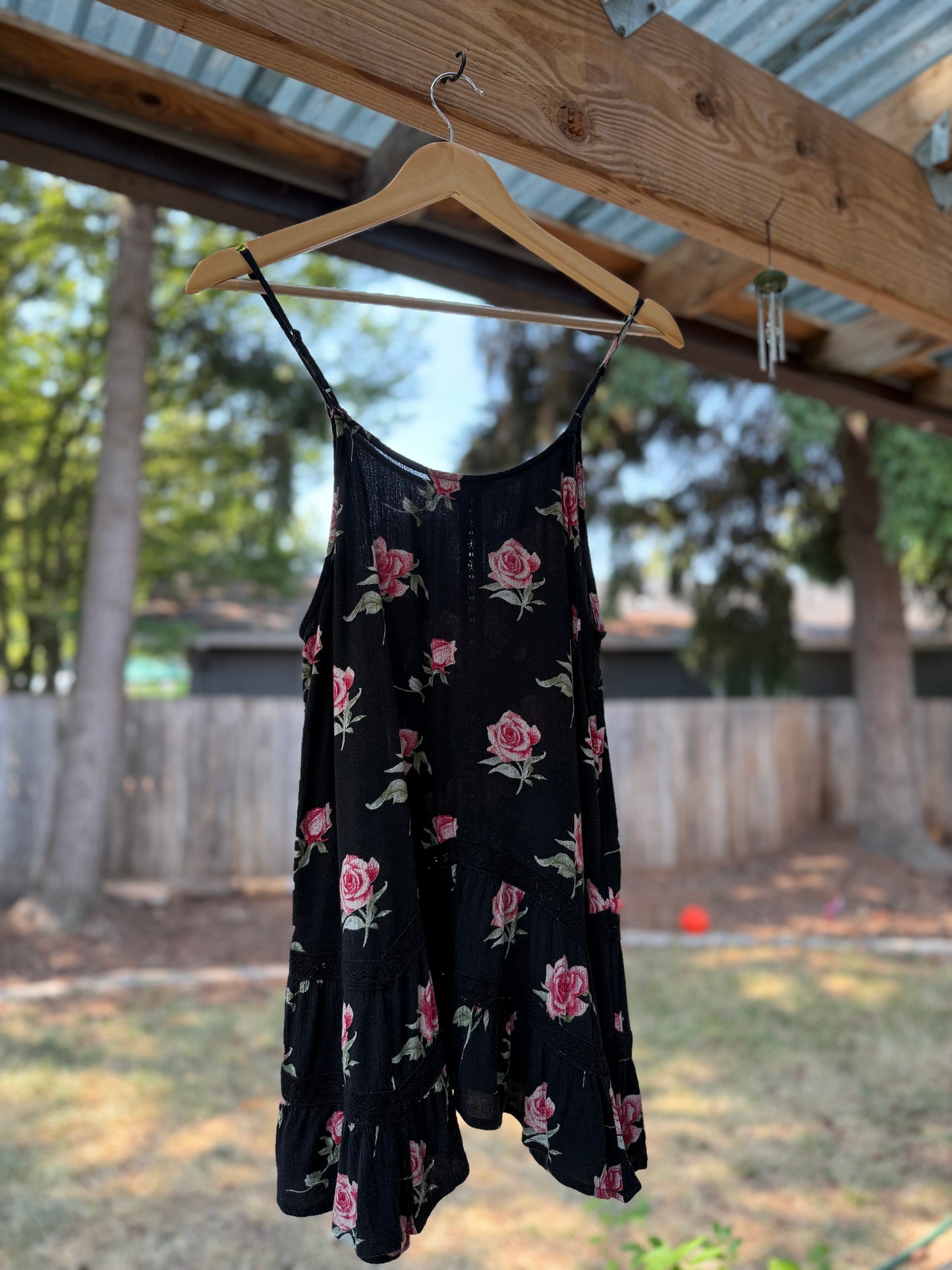 American Eagle Black Rose Longline Top