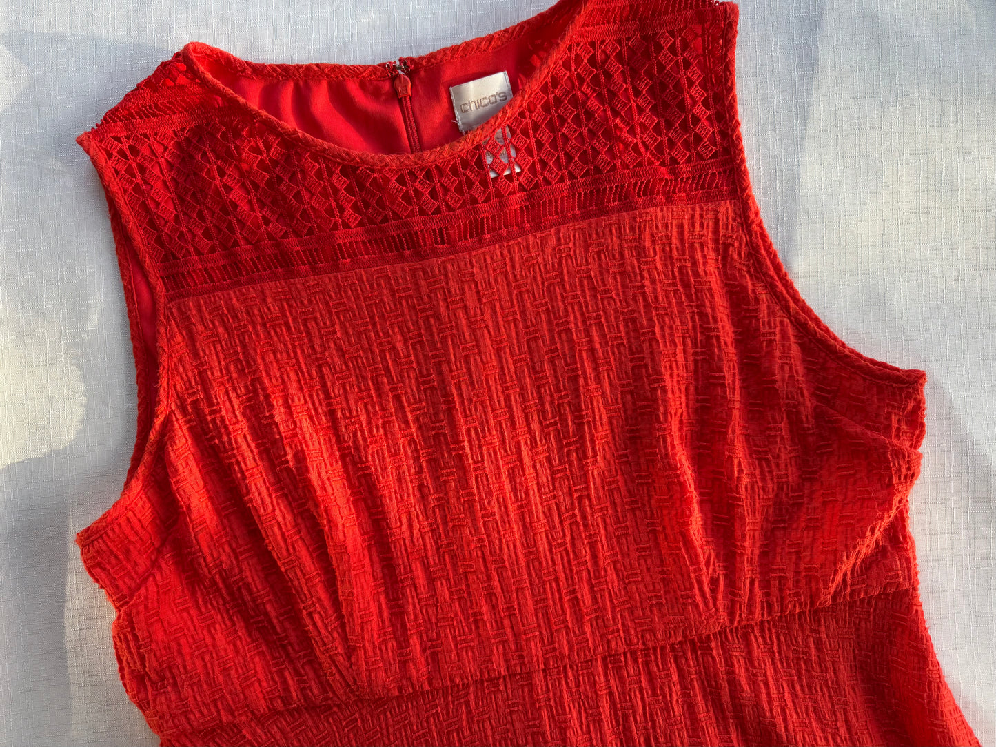 Chico’s Petite Red Lace-Yoke Textured Fit & Flare Dress