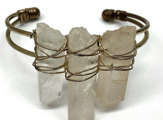 Brass-Tone Cuff with Triple Raw Quartz Points
