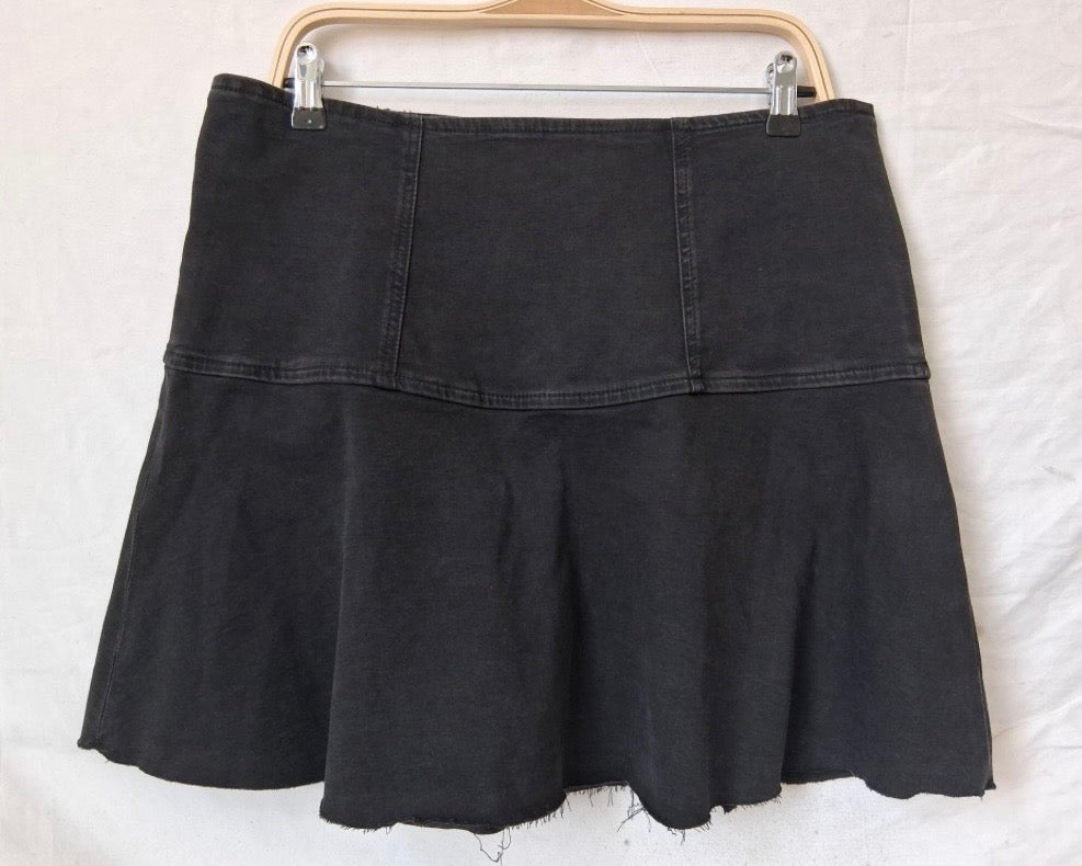We The Free Washed Black Denim Mini Skirt — Raw Hem, Back Zip