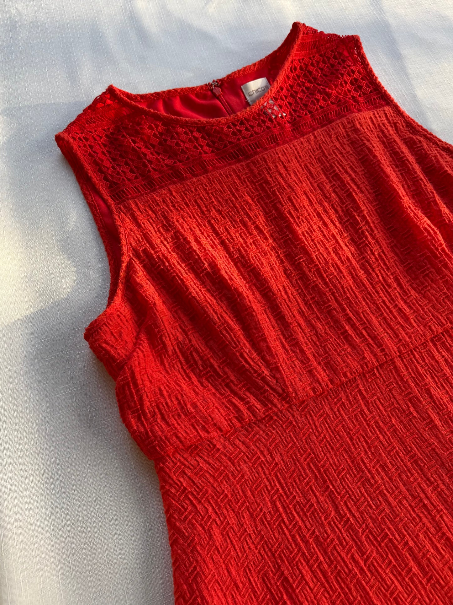 Chico’s Petite Red Lace-Yoke Textured Fit & Flare Dress