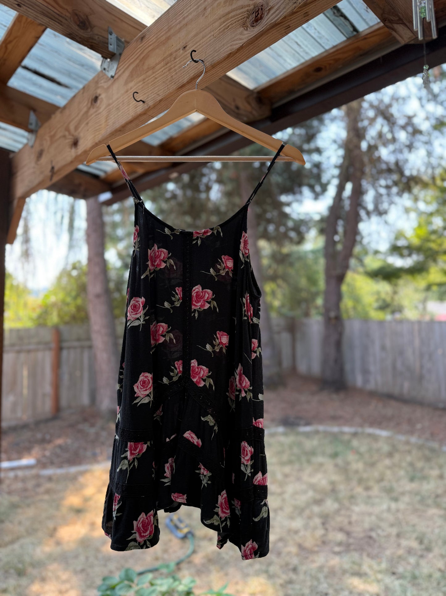 American Eagle Black Rose Longline Top