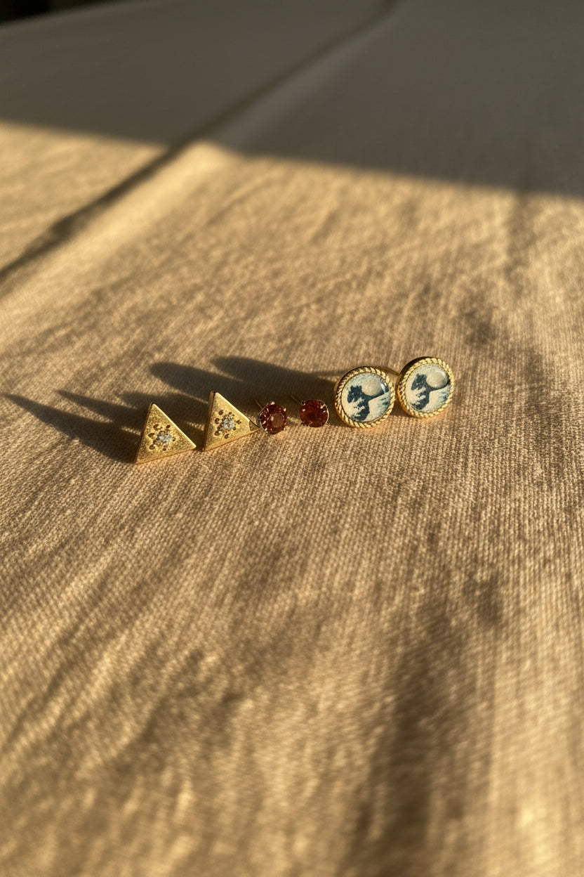 Pavé Triangle, Amber Stone or Great Wave Studs — Choose Your Pair