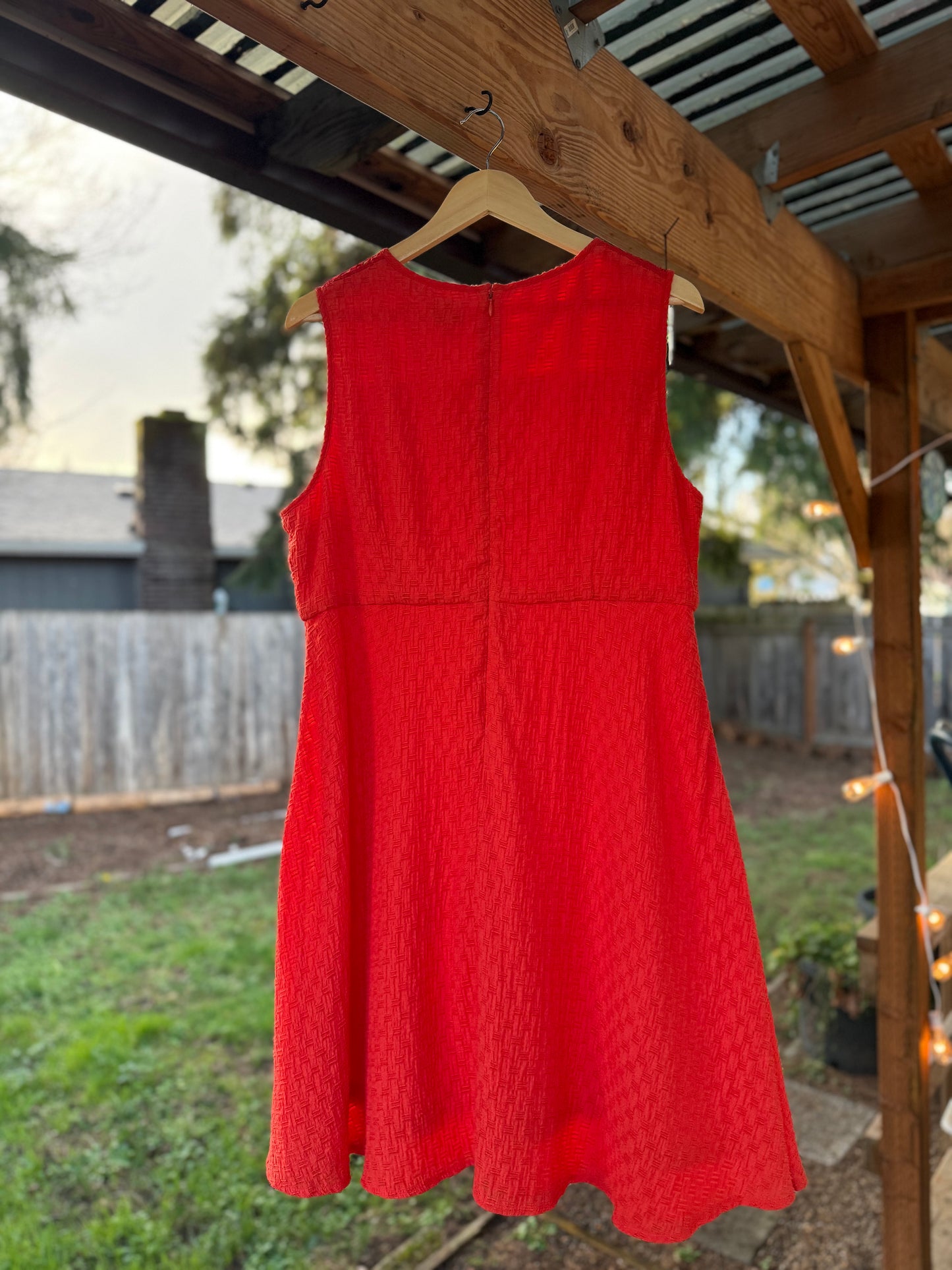 Chico’s Petite Red Lace-Yoke Textured Fit & Flare Dress