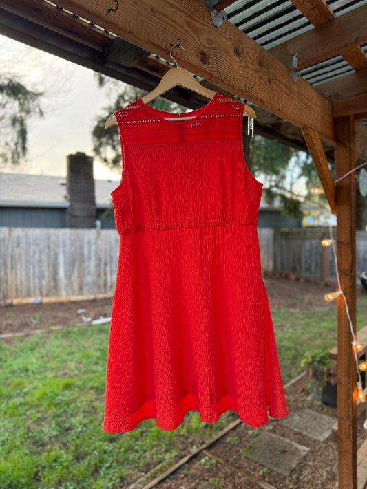 Chico’s Petite Red Lace-Yoke Textured Fit & Flare Dress