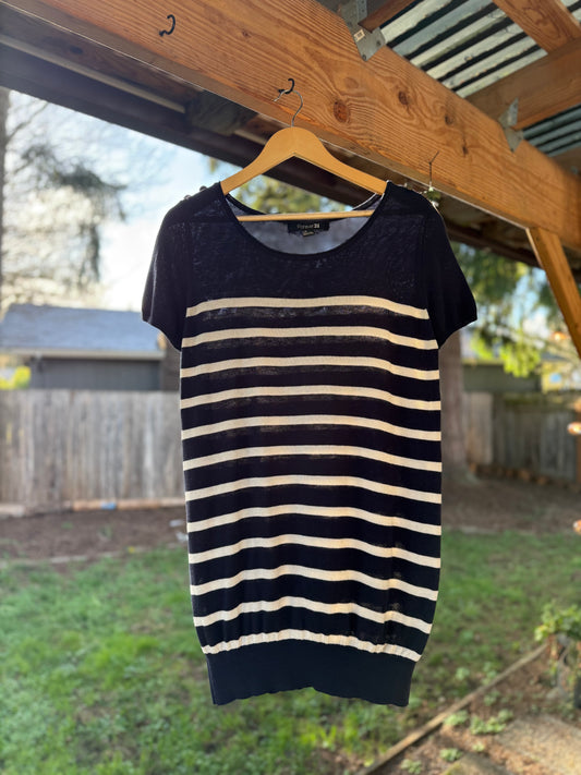 Forever 21 Navy & Cream Stripe Knit Tee with Buttoned Sleeves