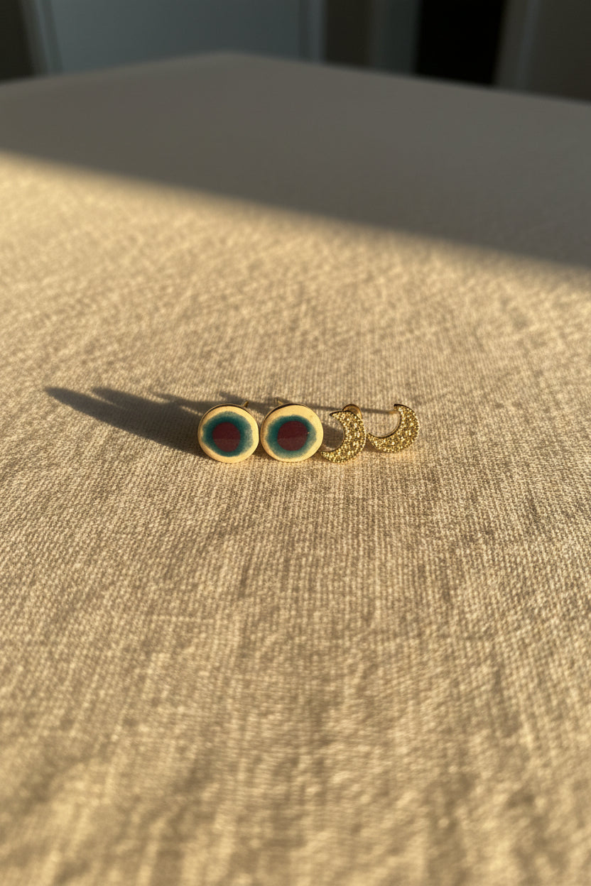 Small Stud Earrings — Glazed Bullseye or Pavé Crescent