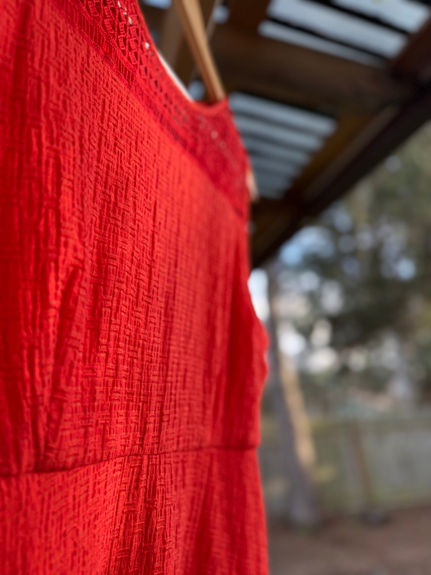 Chico’s Petite Red Lace-Yoke Textured Fit & Flare Dress