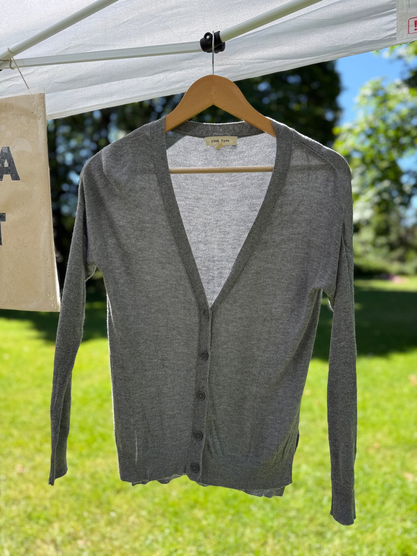 Pink Rose V-Neck Button Cardigan in Heather Gray