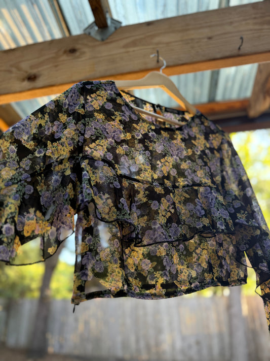 Nasty Gal Sheer Floral Ruffle Blouse